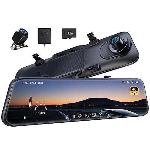 P12 Pro 4K Mirror Dash Cam, 12” Rear View Mirror Camera Smart Driving Assistant w/ADAS and BSD,2160P Front and Rear Camera,Voice Control,Night Vision,Parking Monitoring,32GB Memory Card