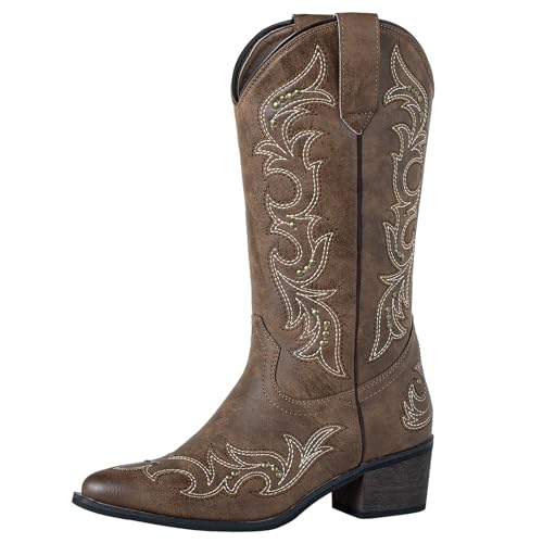 SheSole Women's Studded Cowgirl Cowboy Boots Snip Toe Mid Calf Fashion Western Boots