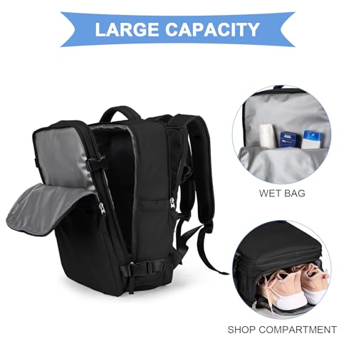 Image of coowoz Black Travel Backpack For Women Men Airline Approved,Carry On Backpack,Large Hiking Backpack Waterproof Outdoor Sports Rucksack Casual Daypack Fit 15.6 Inch Laptop Backpack College Backpack