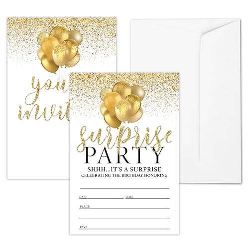 tranfvging Birthday Party Invitations, Shhh It's a Surprise Birthday Invitations Cards With Envelopes, Gold Glitter Balloon Birthday Invites For Girls Boys Kids Adults, 25 Cards -d03