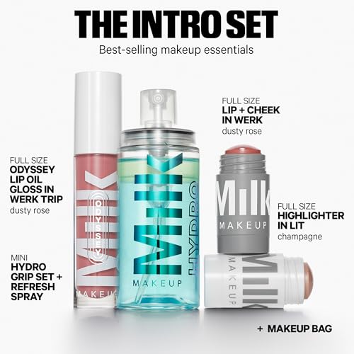 Image of Milk Makeup Travel Friendly Intro Gift Set - 12HR Setting Spray 1.69oz, Blush + Lip Color (Werk /Dusty Rose) .21oz, Lip Oil (Werk Trip /Dusty Rose) .2oz, Highlighter (Lit /Champagne) .21oz + Makeup Bag