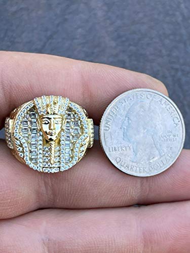 Men's Hip Hop Ring - Solid 925 Sterling Silver 14K Gold Finish - Fully Iced Baguette Mens Ring - Egyptian Pharaoh King Tut Ring (11) #TOP6