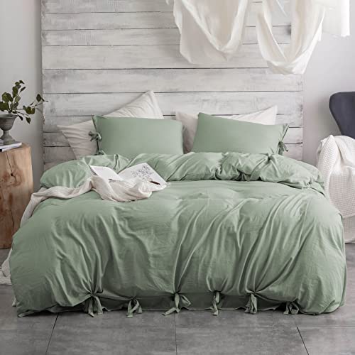 Argstar 3 Pieces Sage Green Bowknot Duvet Cover Queen Size, 100% Washed Microfiber Bow Ties Bedding Comforter Cover, Soft and Easy Care Solid Duvet Cover Set(1 Sage Duvet Cover, 2 Pillow Shams)