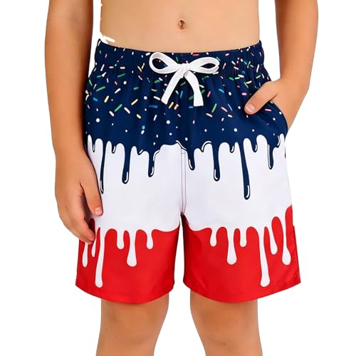 Boys Ice Cream Shorts Funny Ice Cream Drip Baseball Shorts Red White and Blue Kids Quick Dry Summer Beach Swim Trunks with Pockets