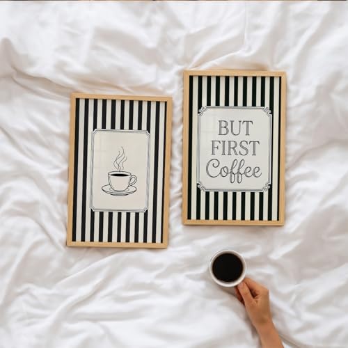 Image of Suneree But First Coffee Wall Art Set of 2 Framed Paintings | Black White Striped Coffee Poster Kitchen Cafe Decor | Home Office Wall Decor (Art 9, 10x13 Inches)