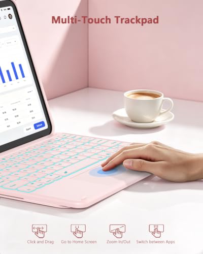 Image of RAYMCRAFT for iPad (A16) 11th /10th Generation Case with Keyboard, 7 Color Backlit, Multi-Touch Trackpad, Folio Case with Pencil Holder, Detachable Wireless Keyboard for iPad (A16) 11th /10th, Pink