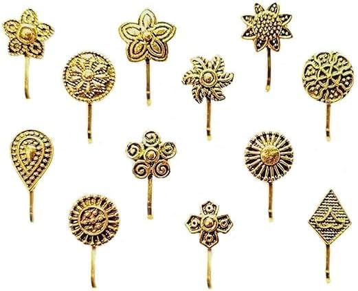 CHARMAURA Non Piercing Traditional Indian Nosepin Pressing Type Clip On Oxidized Silver Nose Ring Pin Stud For Women (1.5cm)