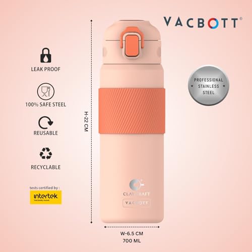 Image of Clay Craft VACBOTT Amber Double Walled 18 Hours Hot and 24 Hours Cold Water Bottle-700ML, 2-Piece(Peach) Leak Proof|Easy to Carry|Gym Bottle|Home|Kitchen|Hiking|Travel Bottle|BIS Certified