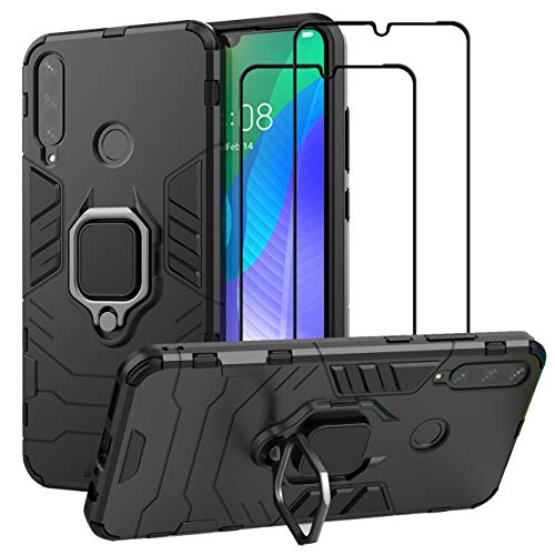 EasyLifeGo for Huawei Y6P 2020 Kickstand Case with Tempered Glass Screen Protector [2 Pieces], Hybrid Heavy Duty Armor Dual Layer Anti-Scratch Case Cover, Black