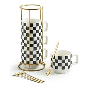 Miamolo Schachbrett Kaffeebecher-Set mit Halter, 4-teilig