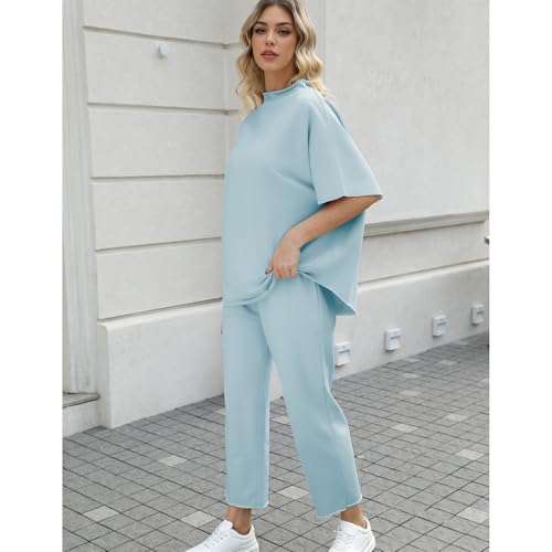 Image of SeeLuNa Women's Two Piece Outfits 3 /4 Batwing Sleeve Capelet Crew Neck Pullover Top Wide Leg Pants Lounge Set
