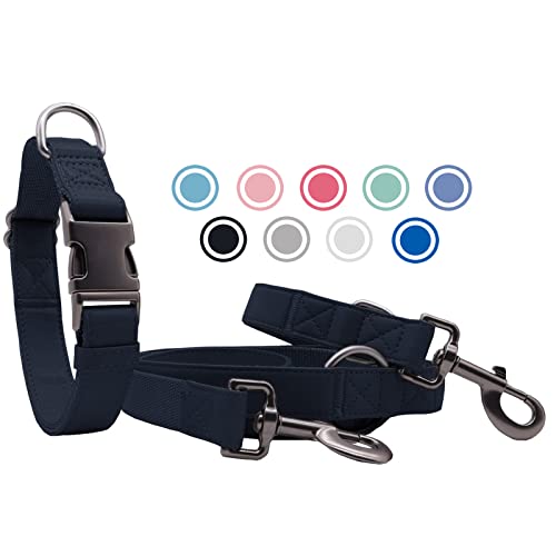 Weich Leder Hundehalsband und Leine (2m) Set - 3-Fach Verstellbar Hundeleine mit Halsband, Stilvollen Rose Gold Metall Schnalle & Nylon Hund Leinen für Welpen Kleine Mittlere Große Hunde Navyblau,M