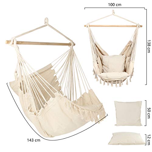 CCTRO Large Hammock Chair | Hanging Rope Swing Seat for Indoor & Outdoor | Soft & Durable Cotton Canvas | 2 Cushions Included with Pocket for Bedroom, Patio, Porch (Beige)