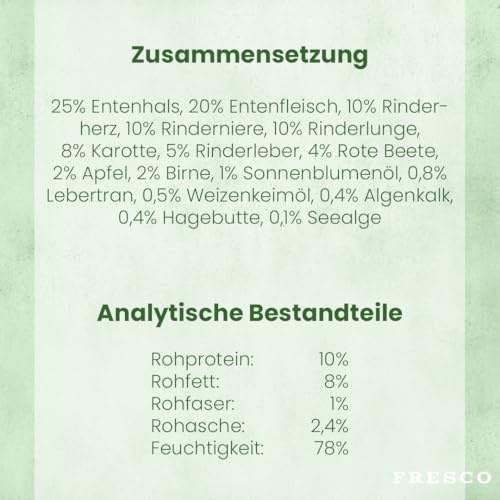 FRESCO Dog NassBarf Ente & Rind 12 x 400g | Hundefutter Nass getreidefrei | 80% Frischfleisch | Nassfutter für Hunde ohne künstliche Zusätze | Aus Deutschland