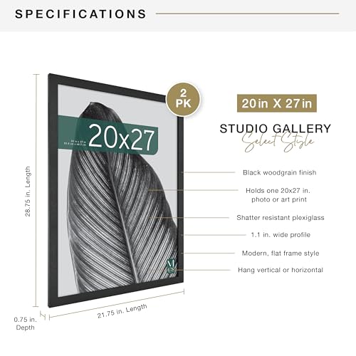 MCS Studio Gallery 20x27 Poster Frame Black Woodgrain, Vertical & Horizontal Wall Hanging Large Picture Frame for Photos, Posters & Art Prints (2-Pack)