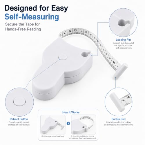 Image of Woffely Retractable Body Measuring Tape 150 cm /60 Inch, Self Measuring Tape with Lock Pin & Push Button Retract, Flexible Body Tape Measure for Waist, Fitness, Sewing & Tailoring (Pack of 1)