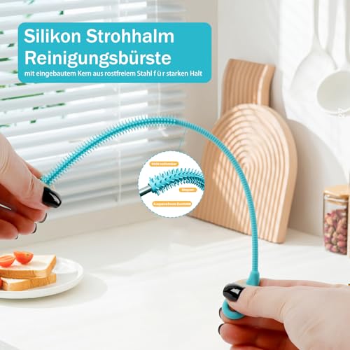 2 Stück Silikon Strohhalm Bürste, Weiche Strohhalm Bürste Wiederverwendbare mit Biegbarem Stahlkern für Glas Strohhalm, Metall Strohhalm und Trinkbecher, Rutschfester Griff 9mm&6mm (Blau)