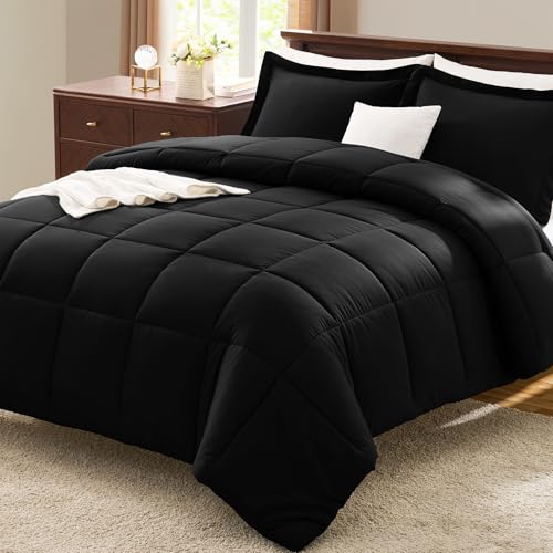 CozyLux Queen Comforter Set Black - 3 Pieces Box Stitched Comforters Queen Size, Soft Bed Set for...