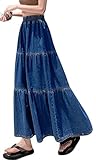 chouyatou Women's Spring High Elastic Waist Tiered Denim Skirt Summer A-Line Maxi Long Jean Skirt (Medium, Blue)