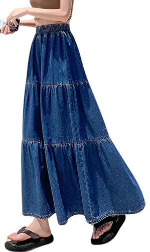 chouyatou Women's Spring High Elastic Waist Tiered Denim Skirt Summer A-Line Maxi Long Jean Skirt