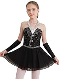 Nyeemya Vestido Patinaje Artistico Sobre Hielo para Niñas Maillot Ballet de Manga Larga Leotardo Gimnasia Bailarina Maillot Danza Niña para Competición Negro D 9-10 años