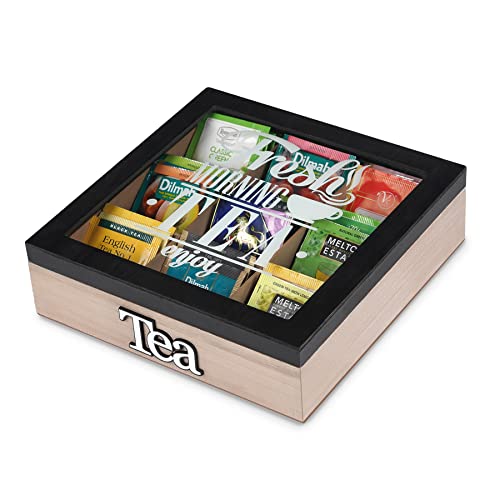 Boîtes à thé pour théière - Boîte de rangement en bois 9 compartiments - Boîte à thé noire avec fenêtre Boîte à thé pour sachets de thé - Rangement de capsules de café - 24 x 24 x 7 cm Cover