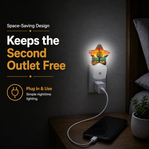 Image of Tropical Cactus Star Night Light Plug in, Decorative Night Light for Kids Room Nursery Bedroom, Soft Glow Sensor Lamp for Hallway Bathroom, Compact Energy Saving