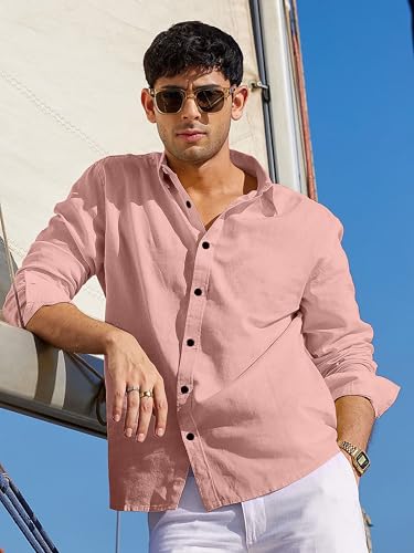 Image of Men's Linen Cotton Casual Shirt | Regular Fit Plain Shirt for Men | Long Sleeve Shirt for Casual & Formal Wear
