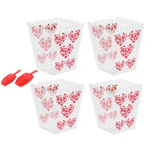 Set of 4 Valentine's Day Red Heart Popcorn Buckets with Scooper for Romantic Movie Nights or Galentine's Day Parties