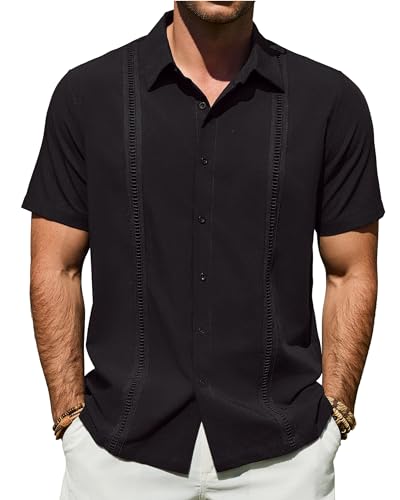Mens Black Cuban Guayabera Short Sleeve Button Up Shirt Casual Beach