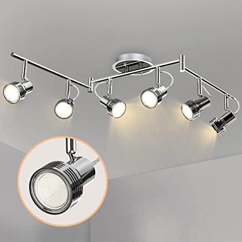 6 Swiveling Heads LED Ceiling Spotlights, Chrome Finish Ceiling Light, 6 x 3 W 3000K Warm White, Adjustable Straight Rod Kitchen Lights for Bedroom, Living Room(Bulbs Included)