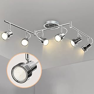 6 Swiveling Heads LED Ceiling Spotlights, Chrome Finish Ceiling Light, 6 x 3 W 3000K Warm White, Adjustable Straight Rod Kitchen Lights for Bedroom, Living Room(Bulbs Included)