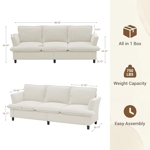 GRUSIGN 3 Seater Corduroy Couch, 89\" Comfy Couch with Deep Seat, Modern Sofa Couch for Living Room, Office, Bedroom, Apartment (Pillows not Included) - Thumbnail 2