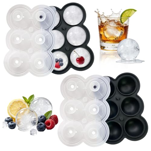 Rongrongago Set of 2 Silicone Ice Cube Tray, 6 Balls 4.5 cm Ice Cube Mould, Round Ice Cube Mould with Lid, Reusable BPA-Free for Cocktails, Whiskey and Drinks (Black)