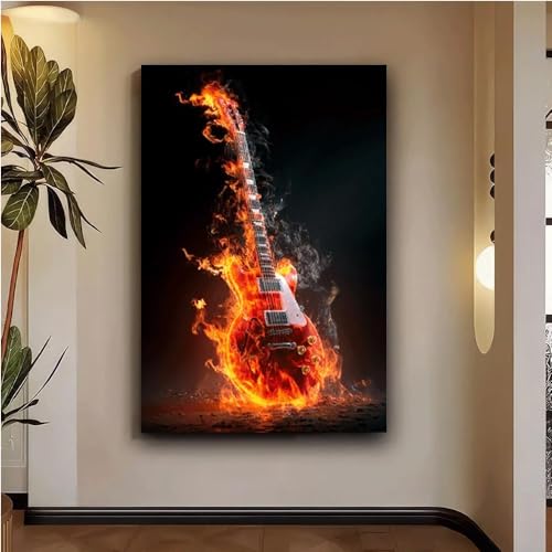 Tableau guitare en feu déco salon moderne et studio de musique ado