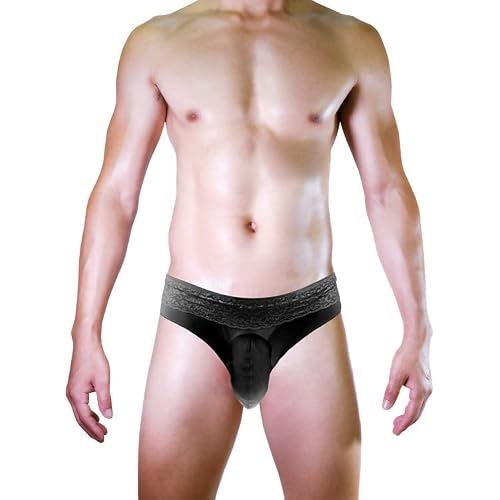 Walang Lip Men's Panties Lace Low Rise Stretchy G-String Bikini Thong Underwear Bulge Pouch Breathable Stretch Thong (Black) #TOP4