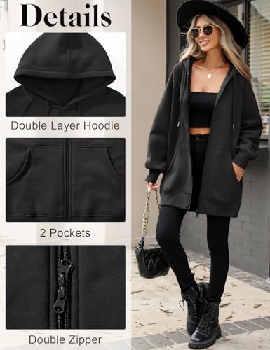 Vancavoo Sweatjacke Damen mit Kapuze Lange Kapuzenpullover Reißverschluss Hoodie Jacke Frühling Herbst Lang Fleecejacke Kapuzenjacke Elegant Übergangsjacke mit Taschen,Schwarz,XL