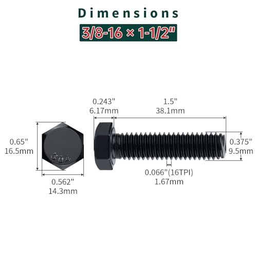 Image of 3 /8-16 x 1-1 /2 inch Hex Bolts with Nuts and Washers (10 Sets), 18-8 (304) Stainless Steel, External Hex Drive, Black Oxide Coated Hexagon Head Bolts Screws, Fayeploo