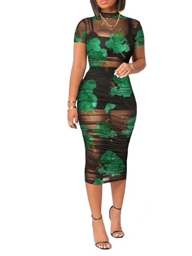 Image of Mojessy Sheer Dress for Women Sexy Short Sleeve Ruched Mesh Bodycon Dress Adjustable Strap Top Mini Skirt 3 Piece Outfits Set