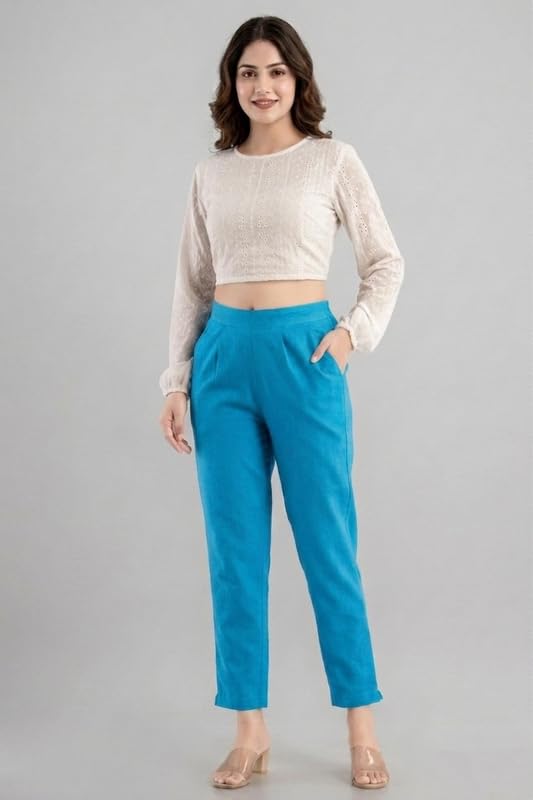 Image of Solid Cotton Woman Trousers Pants Regular Fit Kurti Pant with Drawstring Daily Office Formal Casual Use