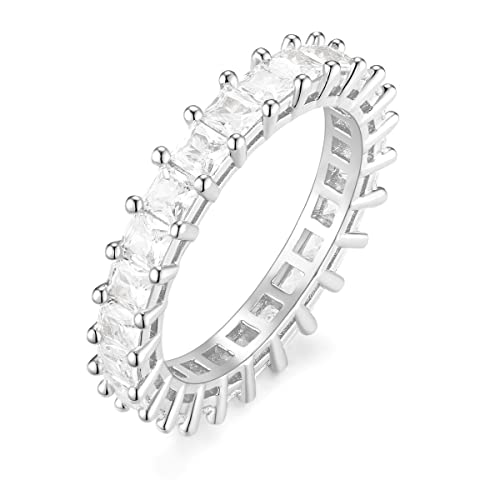 TIGRADE 4mm Eternity Ring Princess Cut Square Cubic Zirconia Engagement Wedding Band for Women Size 5 to 11,Silver,Size 9