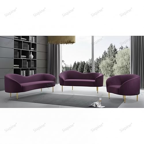 Image of Rosewood Luxury Curved Sofa in Premium Velvet-Fabric | Solid Wood Structure | High Density Foam | Sturdy Golden Legs | Comfortable & Stylish Couch for Modern Living Room (Purple, 2 Seater)