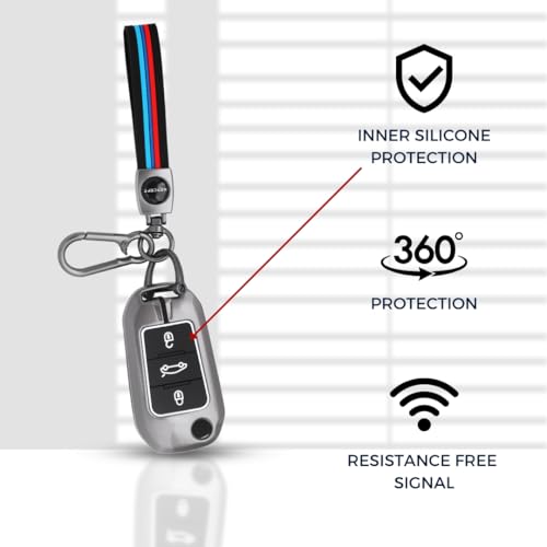 Image of Keycept Metal Key Cover Compatible for Citroen C3, Basalt, Aircross 3 Button flip Key (Long Keychain)