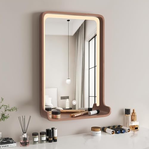 Square Bathroom Vanity Mirror with Shelf, Dimmable LED Lighted Rectangle Mirrors, Wall-Mounted Makeup Mirror Above Sink with Wooden Frame(Natural,60 * 40cm)