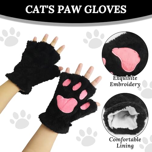 5 Stück Schwarze Katze Kostüm Set, Plüsch Kunstfell Fox Wolf Tail Kit mit Stirnband Katzenohren Halsband Plüsch Handschuhe Schwanz für Damen Karneval Cosplay Fancy Dress Party