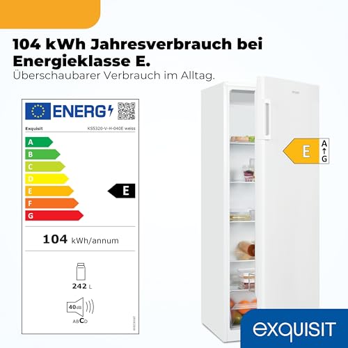 Exquisit Vollraumkühlschrank | 242 l Nutzinhalt | Energieeffizienzklasse D | 39 dB Geräusch | LED-Beleuchtung, manuelle Temperaturregelung, wechselbarer Türanschlag | KS5320-V-H-040D weiss