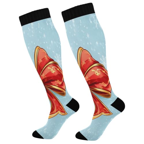 Nander Red Bow with A Golden Outline Compression Socks Women Men Knee High Stockings for Sports,Running,Travel 1Pair