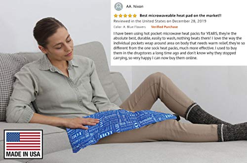 Hot Pockets All Purpose Microwavable Rice Heating Pad for Neck and Shoulders Pain Relief - 3 Pockets Hot and Cold Pack of Rice Bags for Heat Therapy with Washable Cover - American Brand (Blue Words)