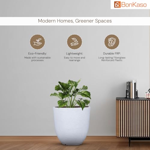 Image of BonKaso 12 inch White Pot - Tall, Durable & Lightweight Polymer Jaguar Round Planter for Indoor & Outdoor Use: Home, Office, Garden & Balcony (Gamla /Gamale)