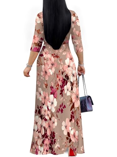 Image of Plus Size Dresses for Women Floral Print Maxi Dress Flowy 3 /4 Sleeve with Belt